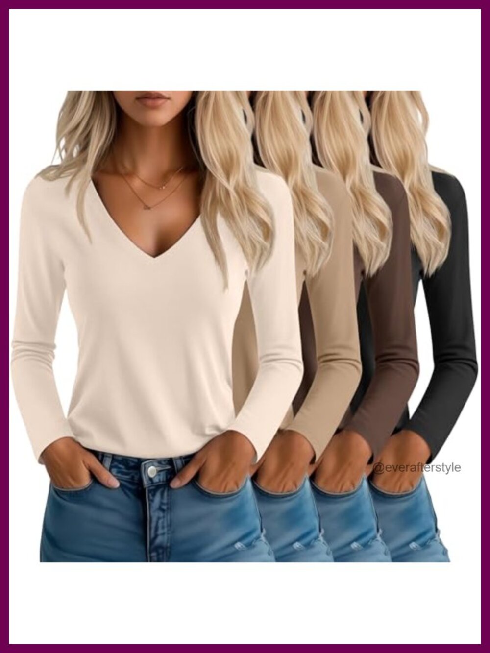 Women's V-Neck Long Sleeve T-Shirts Loose Fit 4 Pack Casual Tops